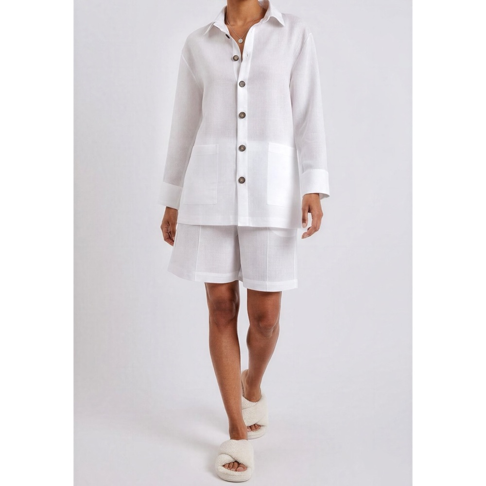 SLEEPER Linen Pajama Set With Shorts, White, XS/S - Picture 3 of 14